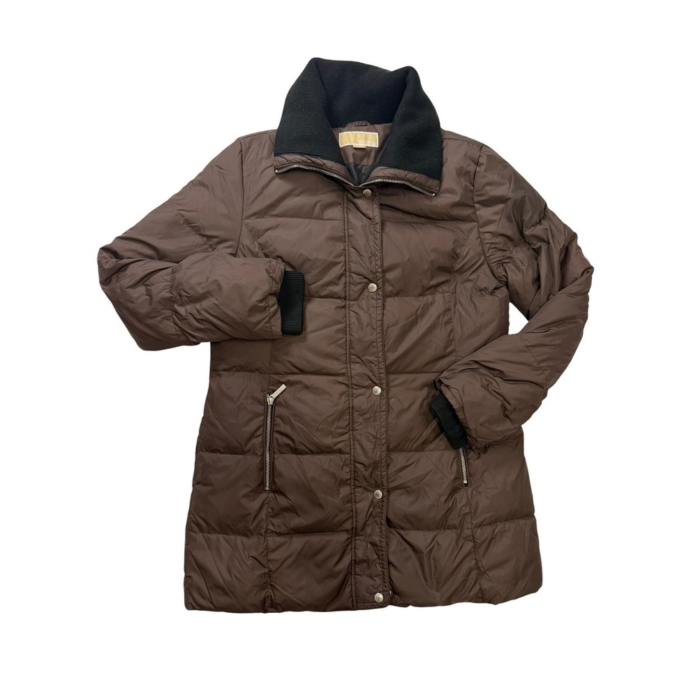 Michael Michael Kors Womens Brown Quilted Puffer Jacket Ribbed Knit Collar Sz M